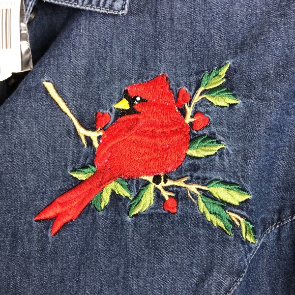Long Sleeve Denim Top Blue with Red Cardinal Bird Small - Picture 4 of 8